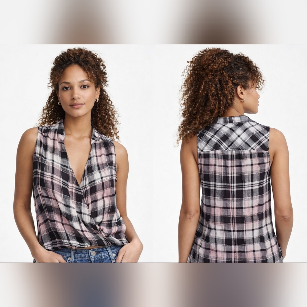 Nwt Splendid Plaid Surplice Top Cotton Gauze Style Crinkle Black White Pink Wrap